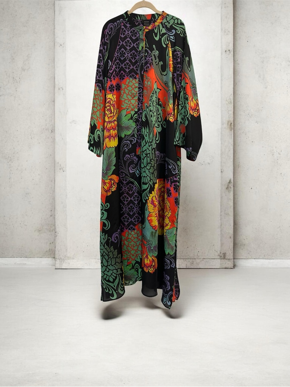 Natori Anna Printed Floral Mandarin Black Caftan Half Zip XXL